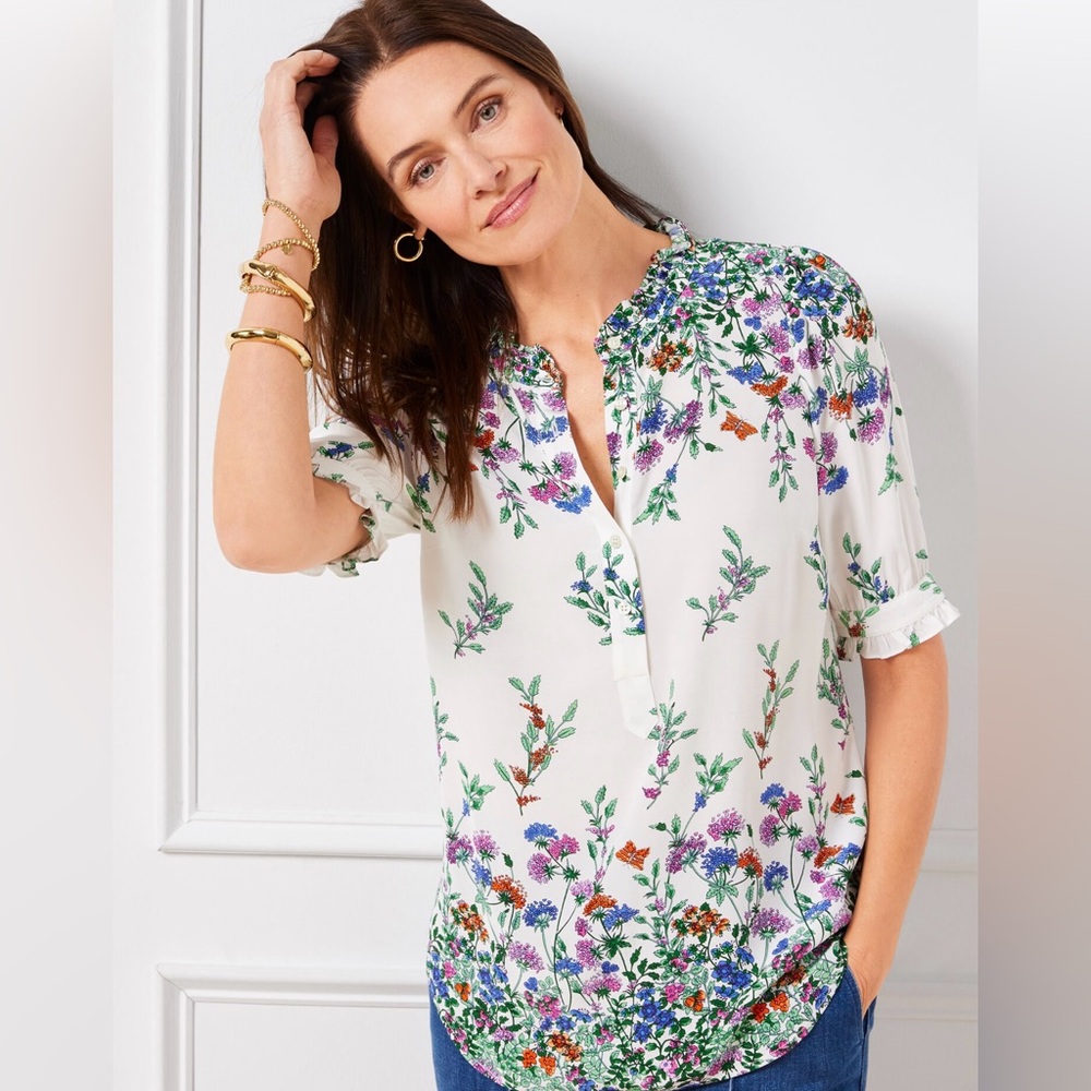 Talbots Falling Floral Ruffle Trim Button Up Shirt Short Sleeve Blue Pink Orange